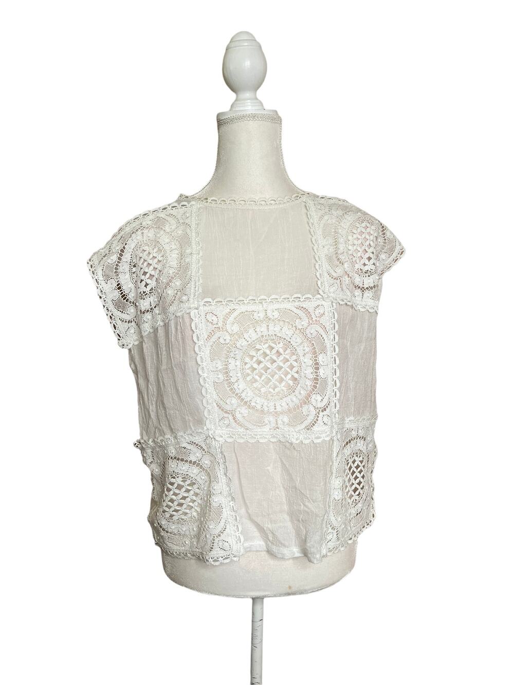Victoria lane by bonnie aldman women lace crochet ivory white blouse cup sleeve